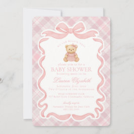 Pink Coquette Bow Bear Tartan Plaid Baby Shower Inbjudningar