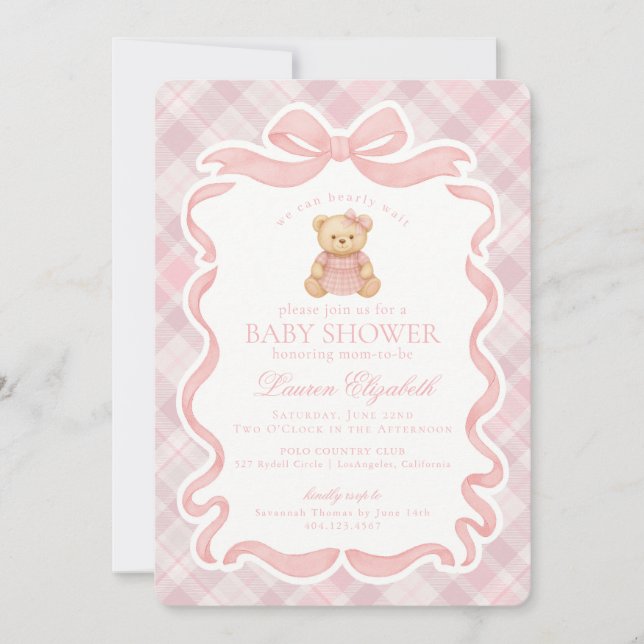 Pink Coquette Bow Bear Tartan Plaid Baby Shower Inbjudningar (Framsida)