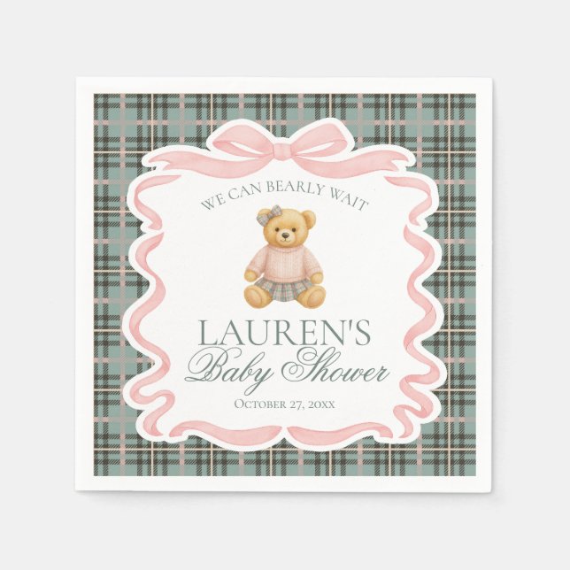 Pink Coquette Bow Bear Tartan Plaid Baby Shower Pappersservett (Framsidan)