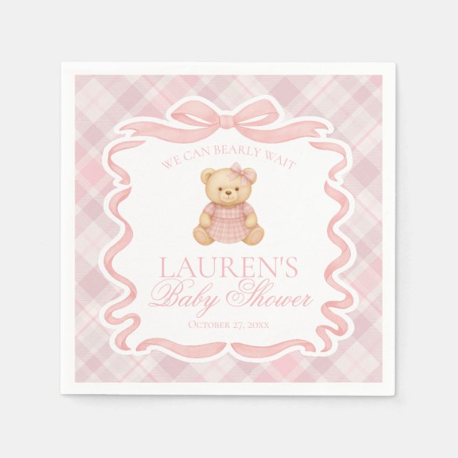 Pink Coquette Bow Bear Tartan Plaid Baby Shower Pappersservett (Framsidan)