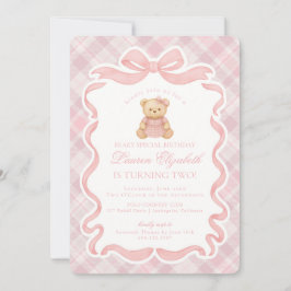 Pink Coquette Bow Bear Tartan Plaid Birthday Inbjudningar