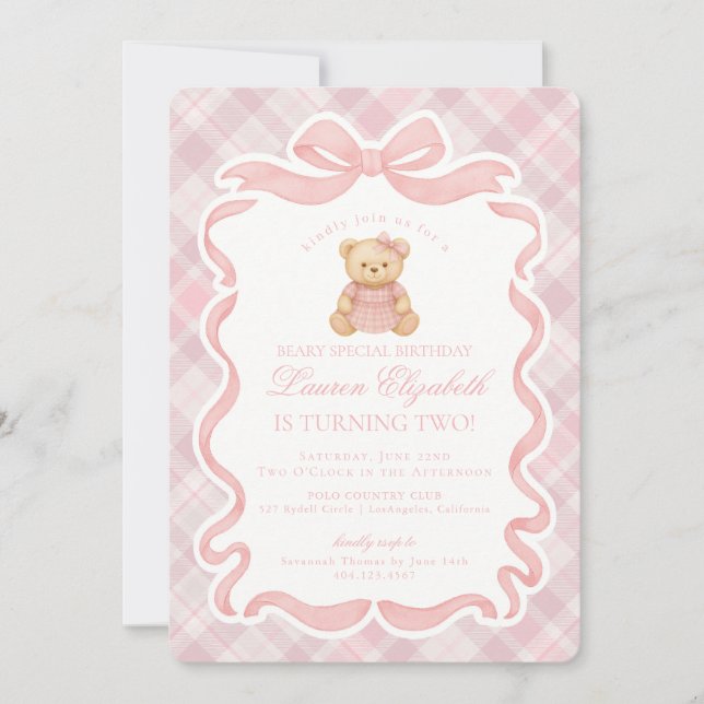 Pink Coquette Bow Bear Tartan Plaid Birthday Inbjudningar (Framsida)