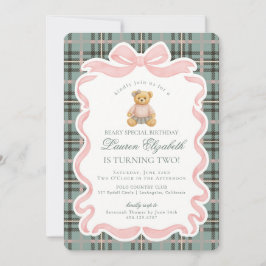 Pink Coquette Bow Bear Tartan Plaid Birthday Inbjudningar