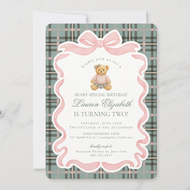 Pink Coquette Bow Bear Tartan Plaid Birthday Inbjudningar (Framsida)