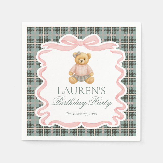 Pink Coquette Bow Bear Tartan Plaid Birthday Pappersservett (Framsidan)