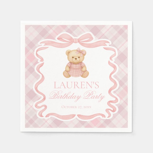 Pink Coquette Bow Bear Tartan Plaid Birthday Pappersservett (Framsidan)