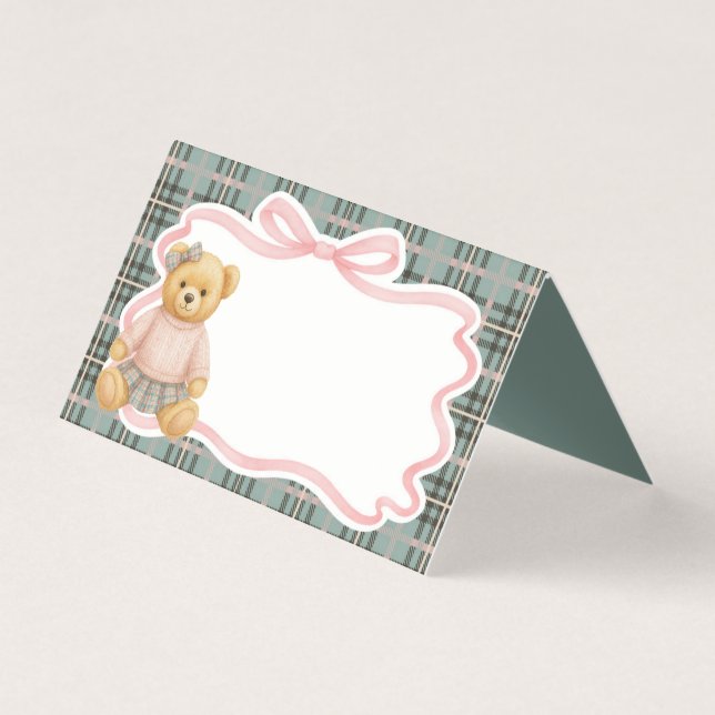 Pink Coquette Bow Bear Tartan Plaid Place Card Kort (Framsida)