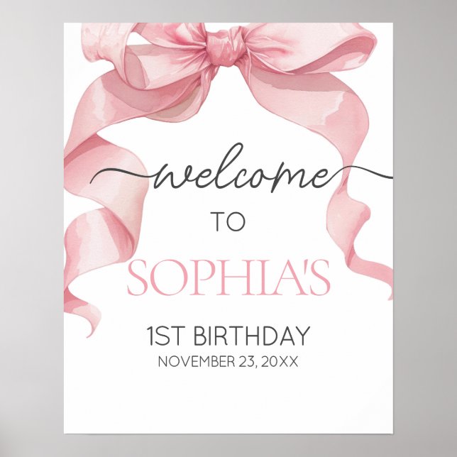 Pink Coquette Bow Birthday Party Welcome Signs Poster (Framsidan)