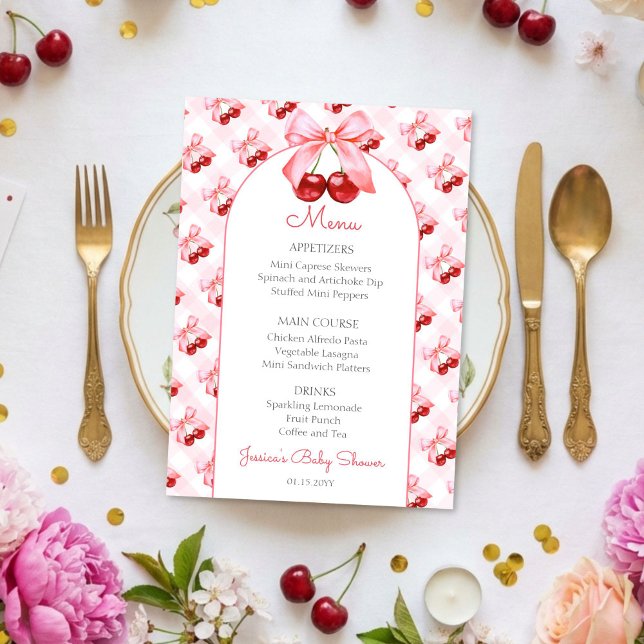 Pink Coquette Bow Cherry Baby Shower Menu Tack Kort (Skapare uppladdad)