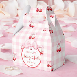 Pink Coquette Bow Cherry First Birthday Party Presentaskar