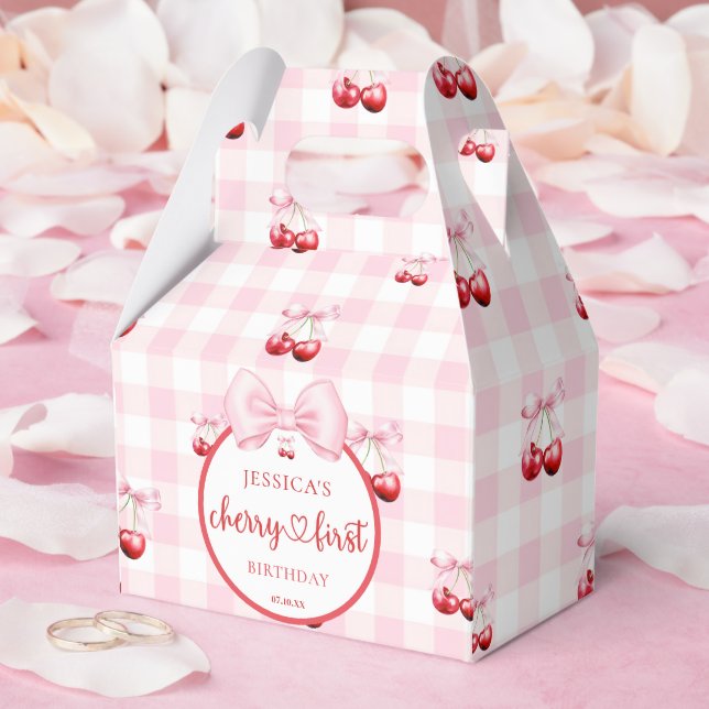 Pink Coquette Bow Cherry First Birthday Party Presentaskar (Bröllop)
