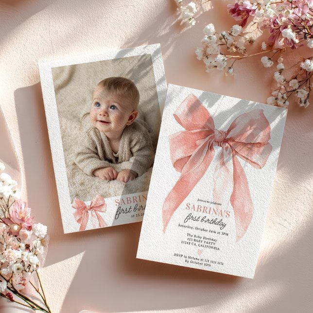 Pink Coquette Bow Girl 1st Birthday Party Photo Inbjudningar (Pink Coquette Bow Girl 1st Birthday Party Photo Invitation)