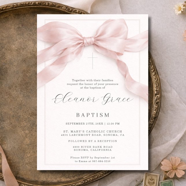Pink Coquette Bow Girl Baptism Inbjudningar (Skapare uppladdad)