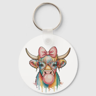 Pink Coquette Bow Highland Cow Bubblegum Nyckelring