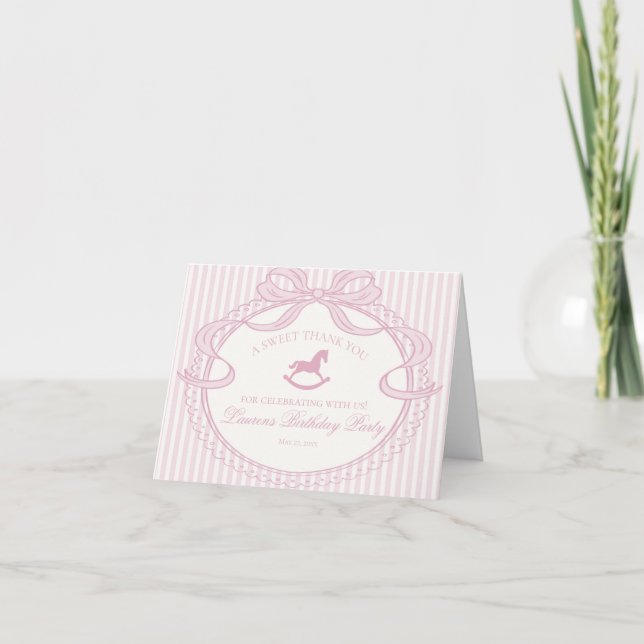 Pink Coquette Bow Rocking Hors Birthday Thank You  Tack Kort (Framsida)