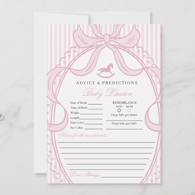 Pink Coquette Bow Rocking Horse Baby Advice Card Inbjudningar (Framsida)