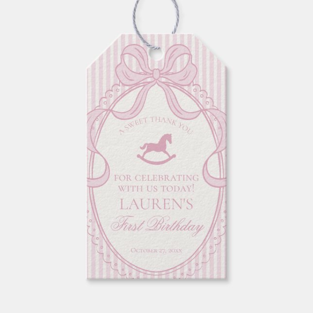 Pink Coquette Bow Rocking Horse Birthday Favors Presentetikett (Framsidan)