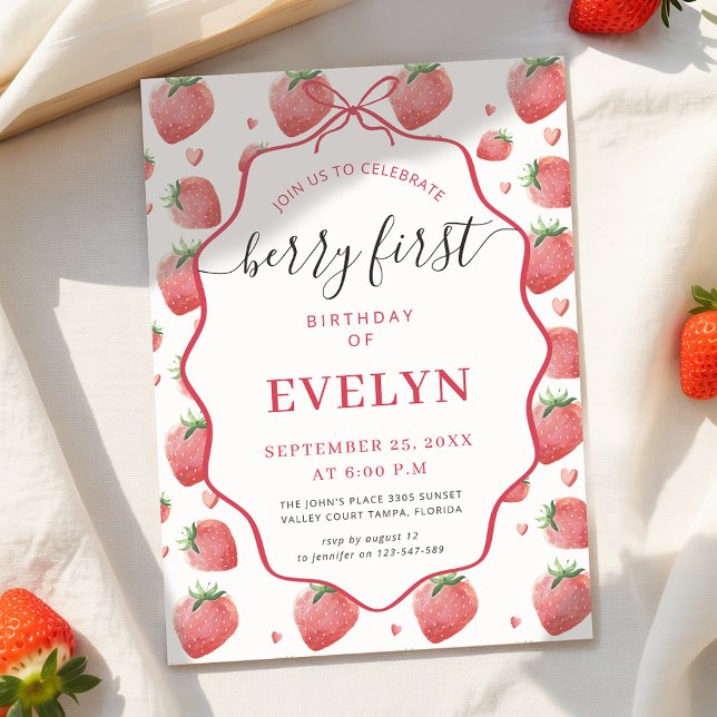 Pink Coquette Bow Strawberry Berry First Birthday Inbjudningar (Skapare uppladdad)