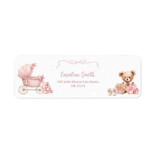 Pink Coquette Carriage Baby Shower Address Label Returadress Etikett (Framsidan)