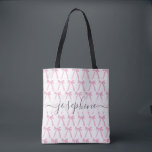 Pink coquette cute bow ribbons personalized tygkasse<br><div class="desc">Add a touch of girly charm to your everyday essentials with this pink coquette-style tote bag, featuring a playful all-over print of hand-drawn bow ribbons. Designed for fashion-forward individuals who adore the soft, sweet aesthetic, this tote is both practical and pretty. Fully customizable with your name or monogram, it's perfect...</div>