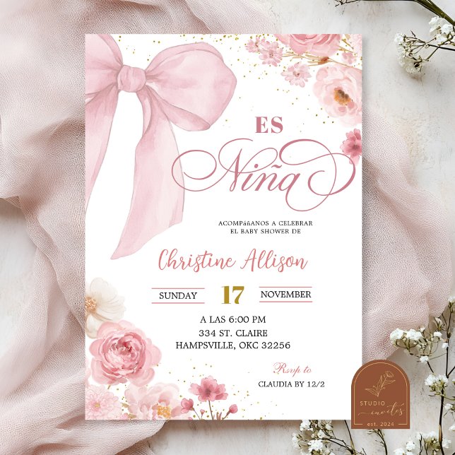 Pink coquette floral  Es Nina Spanish Baby Shower Inbjudningar (Skapare uppladdad)