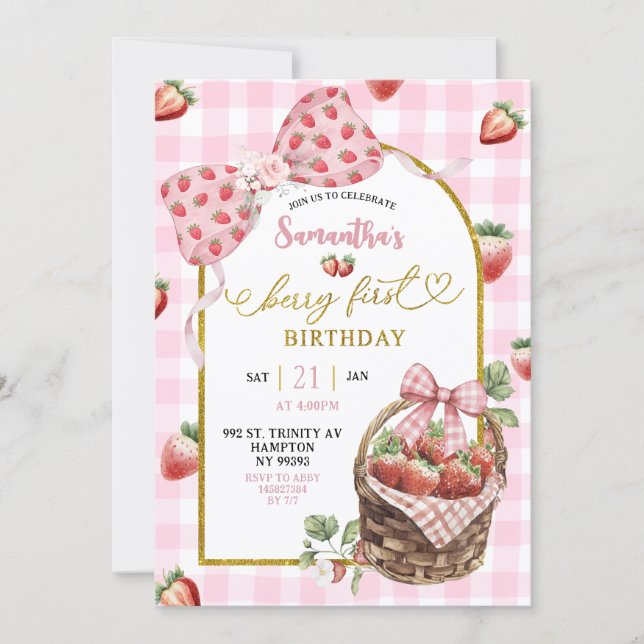 Pink Coquette Strawberry Gingham First Birthday Inbjudningar (Framsida)