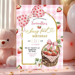 Pink Coquette Strawberry Gingham First Birthday Inbjudningar