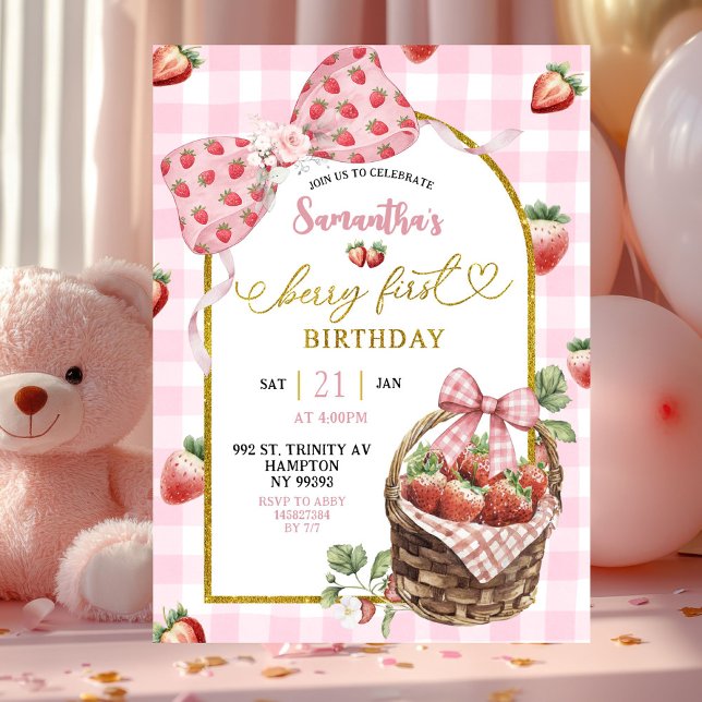 Pink Coquette Strawberry Gingham First Birthday Inbjudningar (Skapare uppladdad)