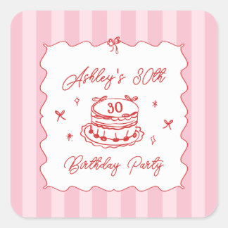 Pink Coquette Striped Vintage Hand Drawn Birthday Fyrkantigt Klistermärke
