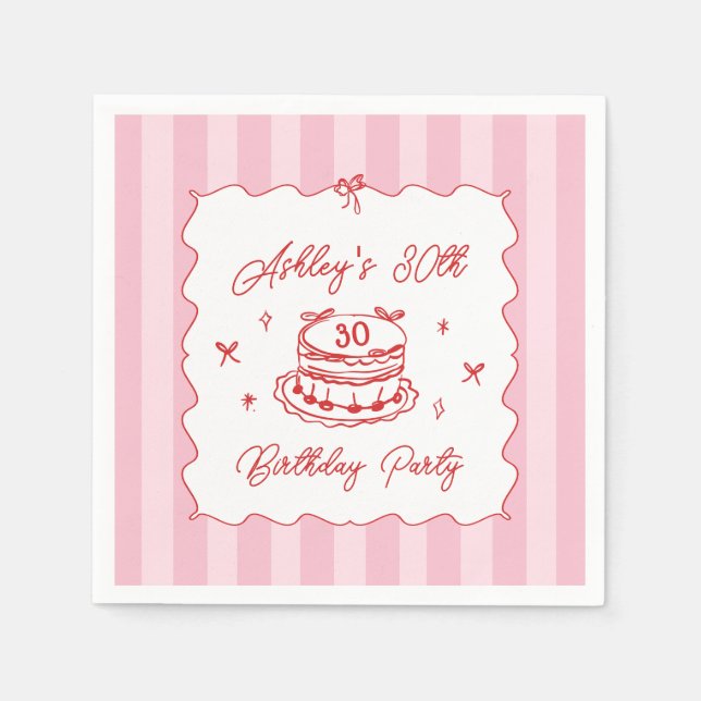 Pink Coquette Striped Vintage Hand Drawn Birthday Pappersservett (Framsidan)