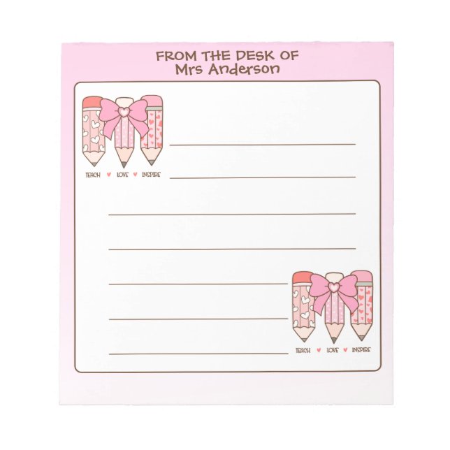 Pink Coquette Valentine Teacher Pencil Custom Anteckningsblock (Framsida)