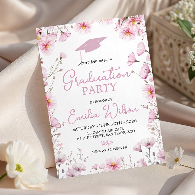Pink Cosmos & Bee Graduation Invitation Inbjudningar (Skapare uppladdad)