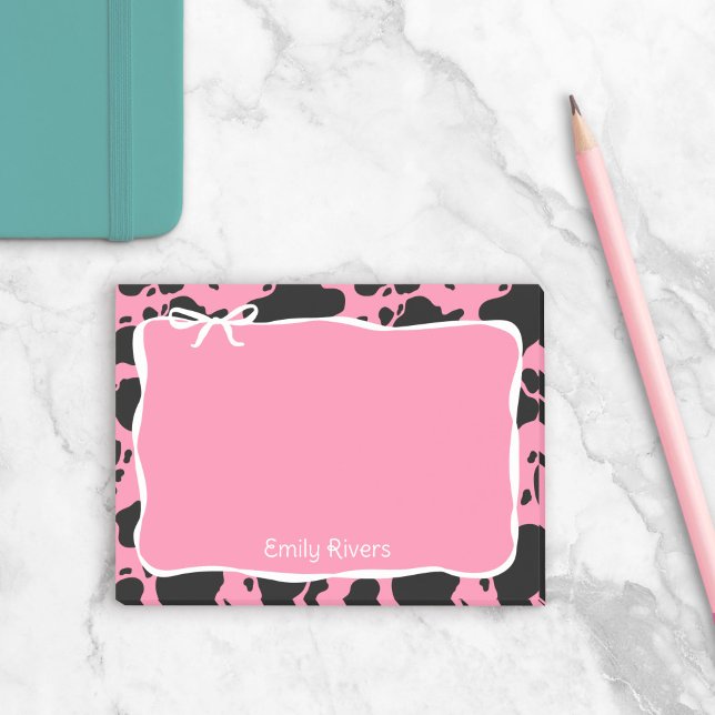 Pink Cow Print & White Bow With Your Name Post-it Block (Skapare uppladdad)