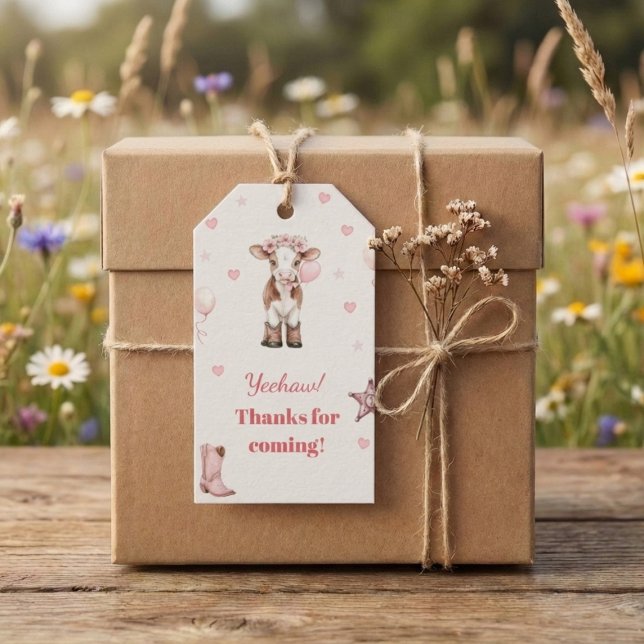 Pink Cowgirl Birthday Invitation | Farm Theme 1st  Presentetikett (cowgirl favor tag on kraft gift box with twine on rustic table in wildflower meadow)