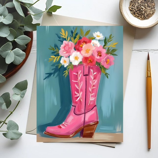 Pink Cowgirl Boot Flower Bouquet Watercolor Vykort (Skapare uppladdad)