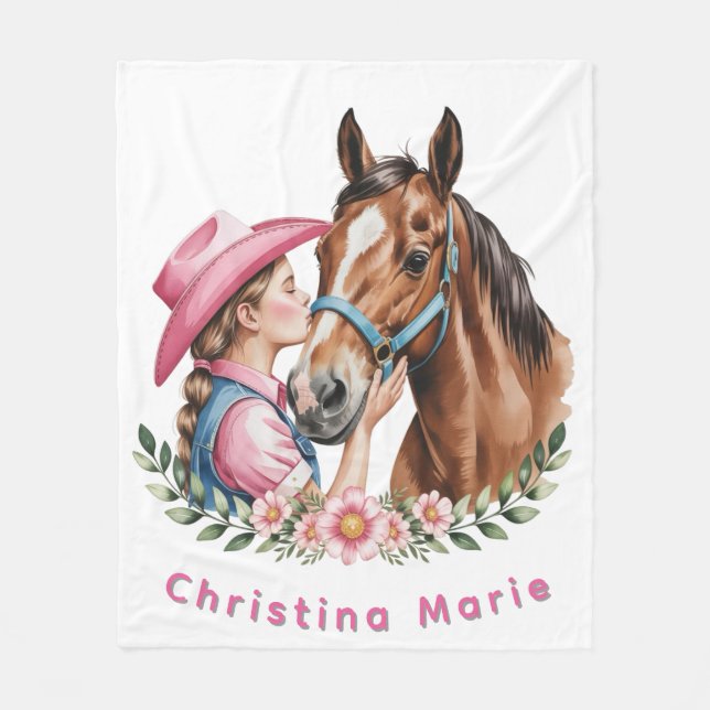 Pink Cowgirl Kissing a Horse Birthday Party  Fleecefilt (Framsidan)