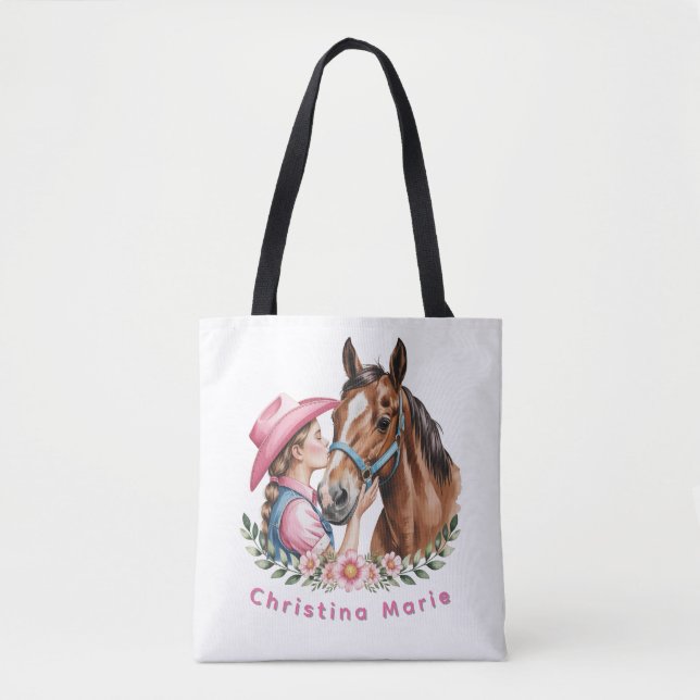 Pink Cowgirl Kissing a Horse Birthday Party Gift Tygkasse (Framsida)