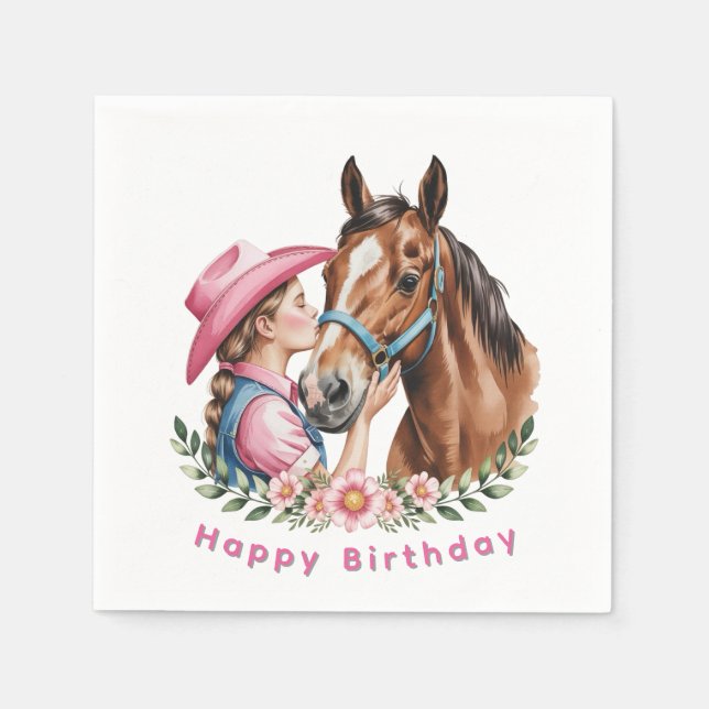 Pink Cowgirl Kissing a Horse Birthday Party Pappersservett (Framsidan)