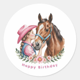 Pink Cowgirl Kissing a Horse Birthday Party Runt Klistermärke
