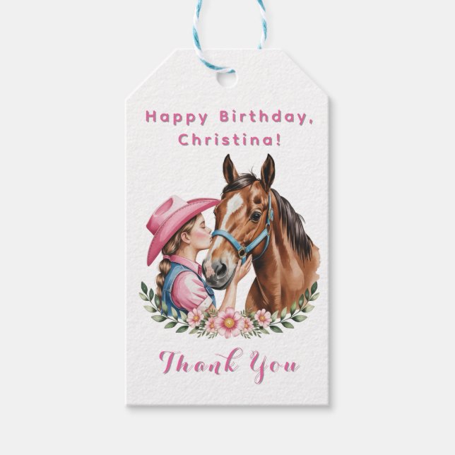 Pink Cowgirl Kissing a Horse Birthday Party Thanks Presentetikett (Framsidan)