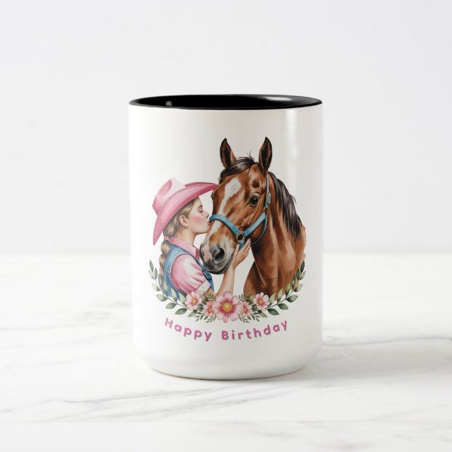 Pink Cowgirl Kissing a Horse Birthday Party Två-Tonad Mugg (Center)