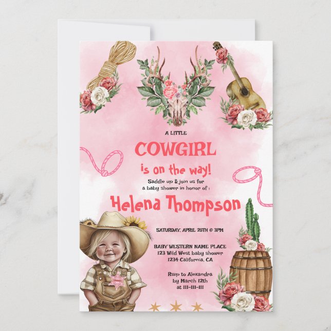 Pink Cowgirl Western Baby Shower  Inbjudningar (Framsida)