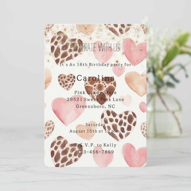 Pink Cream Animal Hearts Gold Sparkle Birthday Inbjudningar (Stående Fram)
