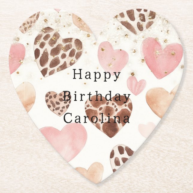 Pink Cream Animal Hearts Gold Sparkle Birthday Underlägg Papper (Framsida)