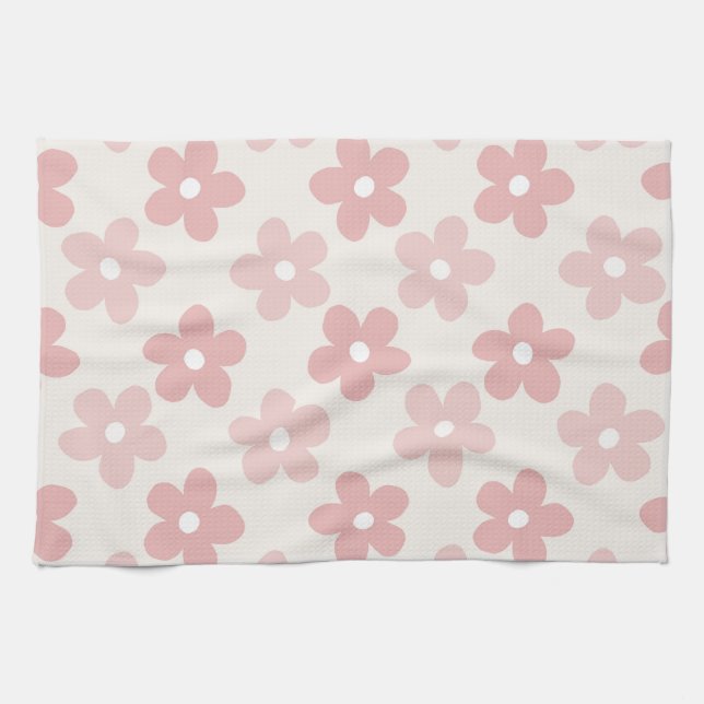 Pink Cream Daisy Flowers Retro Pattern Kökshandduk (Horisontell)