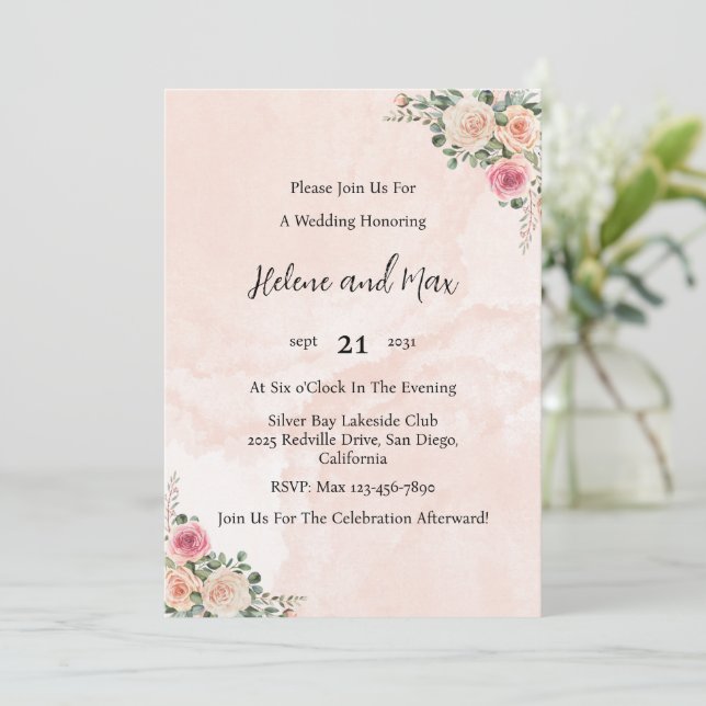 Pink Cream Floral Elegant Wedding Invitation Inbjudningar (Stående Fram)