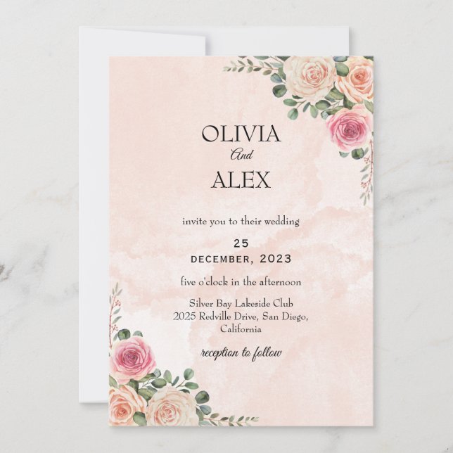 Pink Cream Floral Elegant Wedding Invitation Inbjudningar (Framsida)