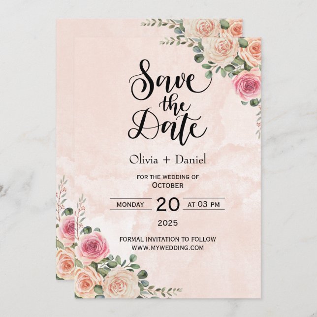 Pink Cream Floral Wedding Save the Date Cards Inbjudningar (Fram/baksida)