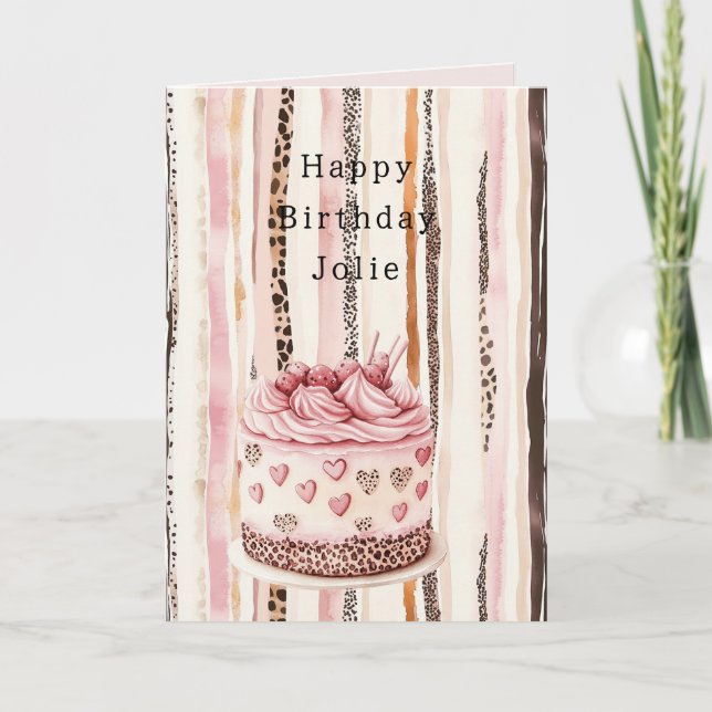 Pink Cream Hearts Leopard Animal Cake Birthday Kort (Framsida)