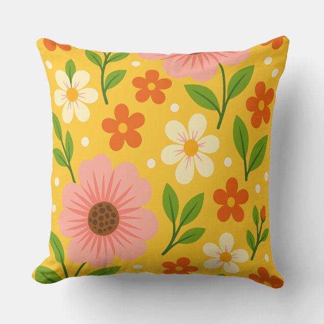 Pink, cream & Orange Flowers with Green Leaves Kudde (Framsida)